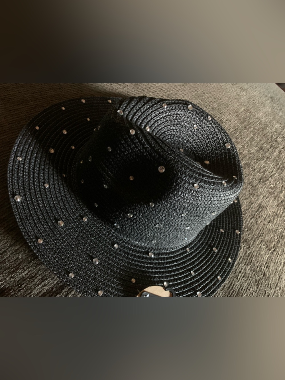 Black rhinestone fedora straw hat - Picture 4 of 7